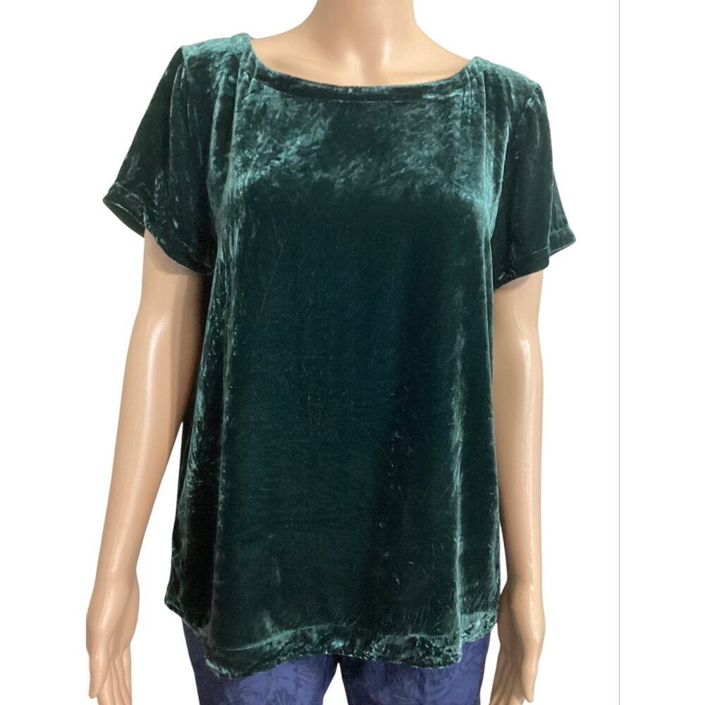 Eileen Fisher Velvet Ballet Neck Box-Top Petite‎ Medium Green Silk Blend Blouse